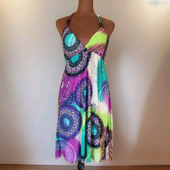 Women's Dress Boho Halter Stretchy Colorful‎ Short Size XS / S Metallic Y2K - Picture 1 of 6